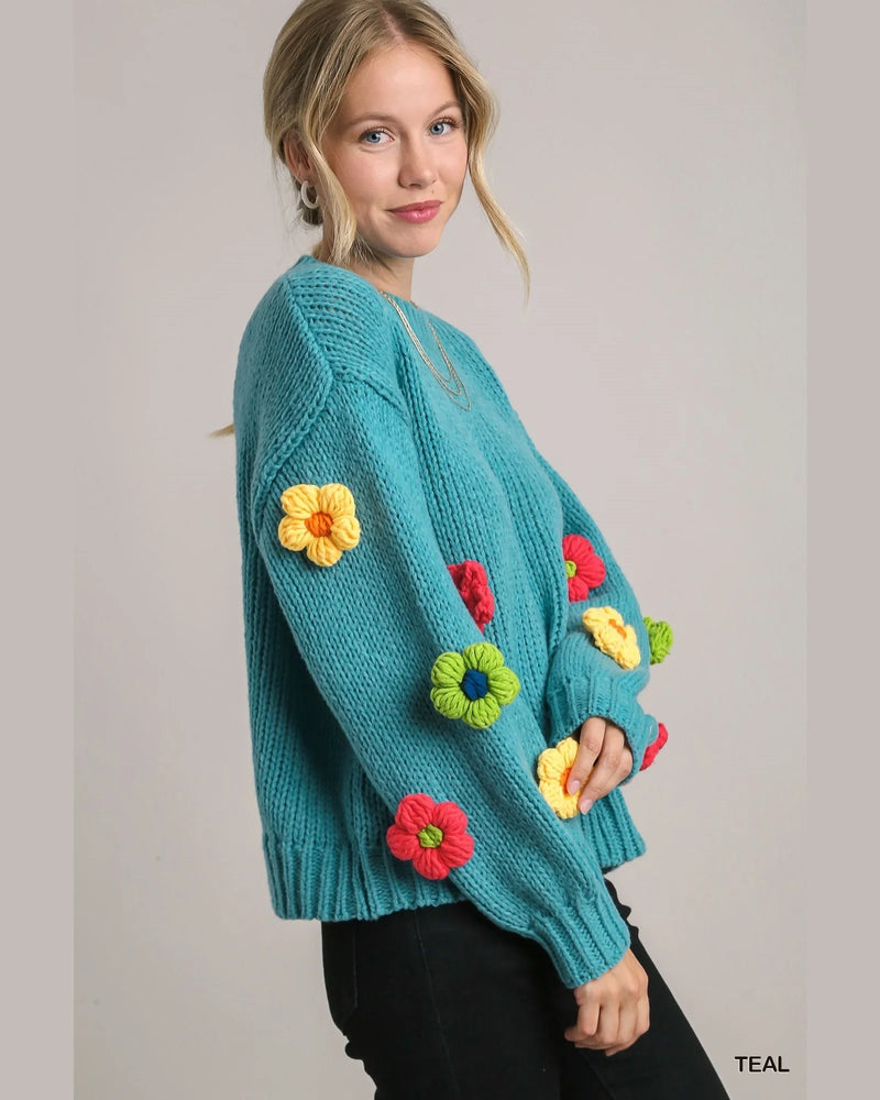 3D Floral Knit Pullover Sweater-Sweaters-Umgee-Small-Teal-Inspired Wings Fashion