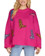 Western Boot Sweater-Shirts & Tops-She + Sky-Small-Hot Pink-Inspired Wings Fashion