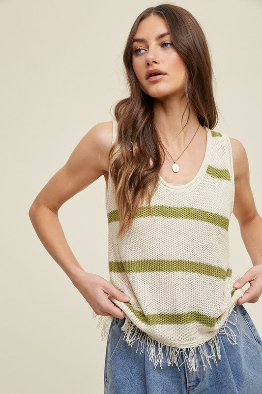 Striped Sweater Tank With Fringe-tank top-Wishlist-Small-Shell/Green-Inspired Wings Fashion