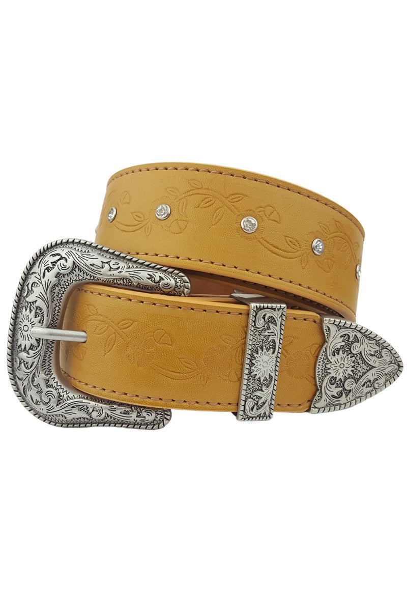 Floral Crystal Tooled Belt-belts-Anzell Accesories-Small-Natural-Inspired Wings Fashion