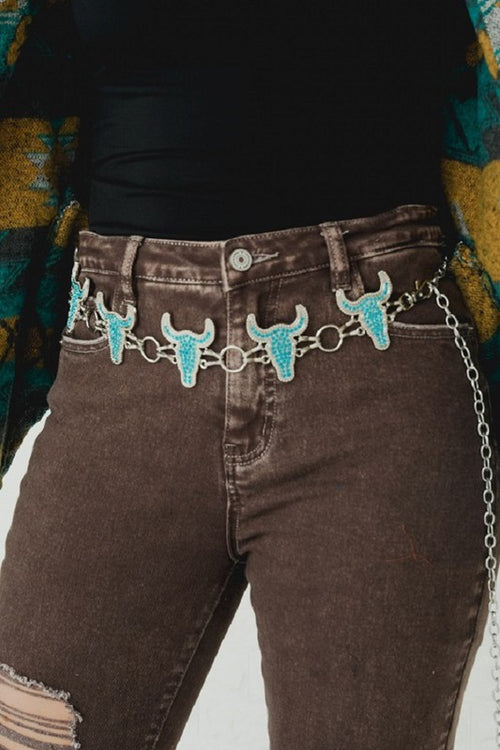 Rhinestone Cow Skull Chain Link Belt-belts-Lucky & Blessed-Turquoise-Inspired Wings Fashion