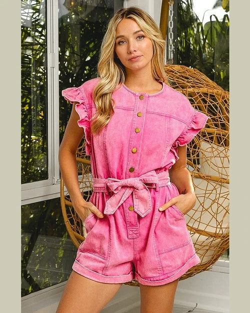 Ruffled Arm Washed Romper-Romper-BiBi-Small-Light pink-Inspired Wings Fashion