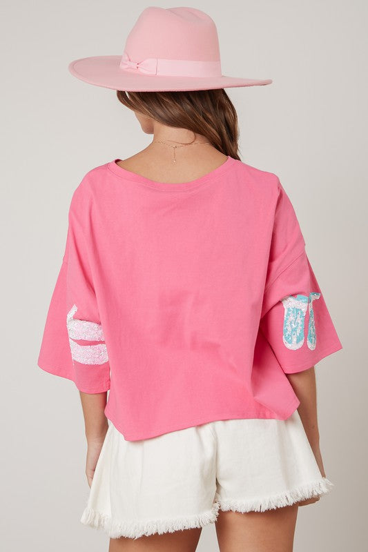 Boots Sequin Tee-Shirts & Tops-Peach Love California-Small-Fuchsia-Inspired Wings Fashion