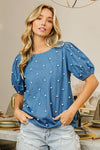 Embellished Pearl Top-Tops-BiBi-Small-Denim Blue-Inspired Wings Fashion