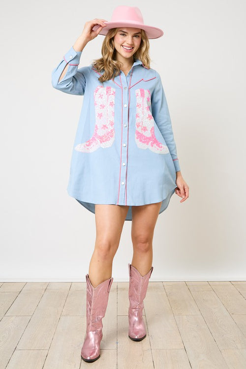 Sequin Cowboy Boots Button Down-Shirts & Tops-Fantastic Fawn-Small-Inspired Wings Fashion