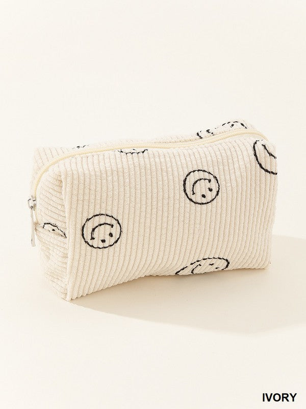 Corduroy Smiley Face Cosmetic Pouch-cosmetic bag-Zenana-Ivory-O/S-Inspired Wings Fashion