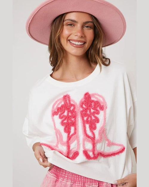 Cowboy Boots Embroidery Tee-Shirts & Tops-Peach Love California-Small-White-Inspired Wings Fashion