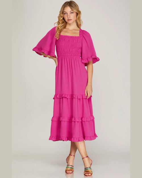Square Neck Smocked Tiered Midi Dress-Dresses-She+Sky-Small-Hot Pink-Inspired Wings Fashion