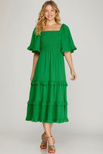 Square Neck Smocked Tiered Midi Dress-Dresses-She+Sky-Small-Green-Inspired Wings Fashion