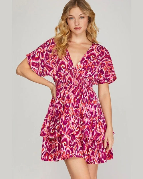 Short Sleeve Woven Print Tiered Dress-Dresses-She + Sky-Small-Fuchsia-Inspired Wings Fashion