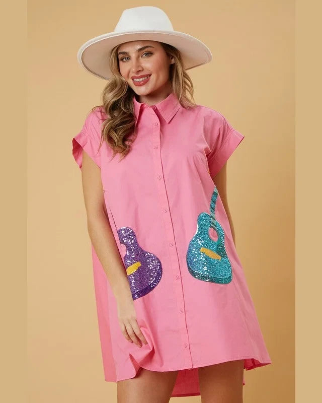 Sequin Guitar Shirt Dress-Dresses-Peach Love California-Small-Hot Pink-Inspired Wings Fashion