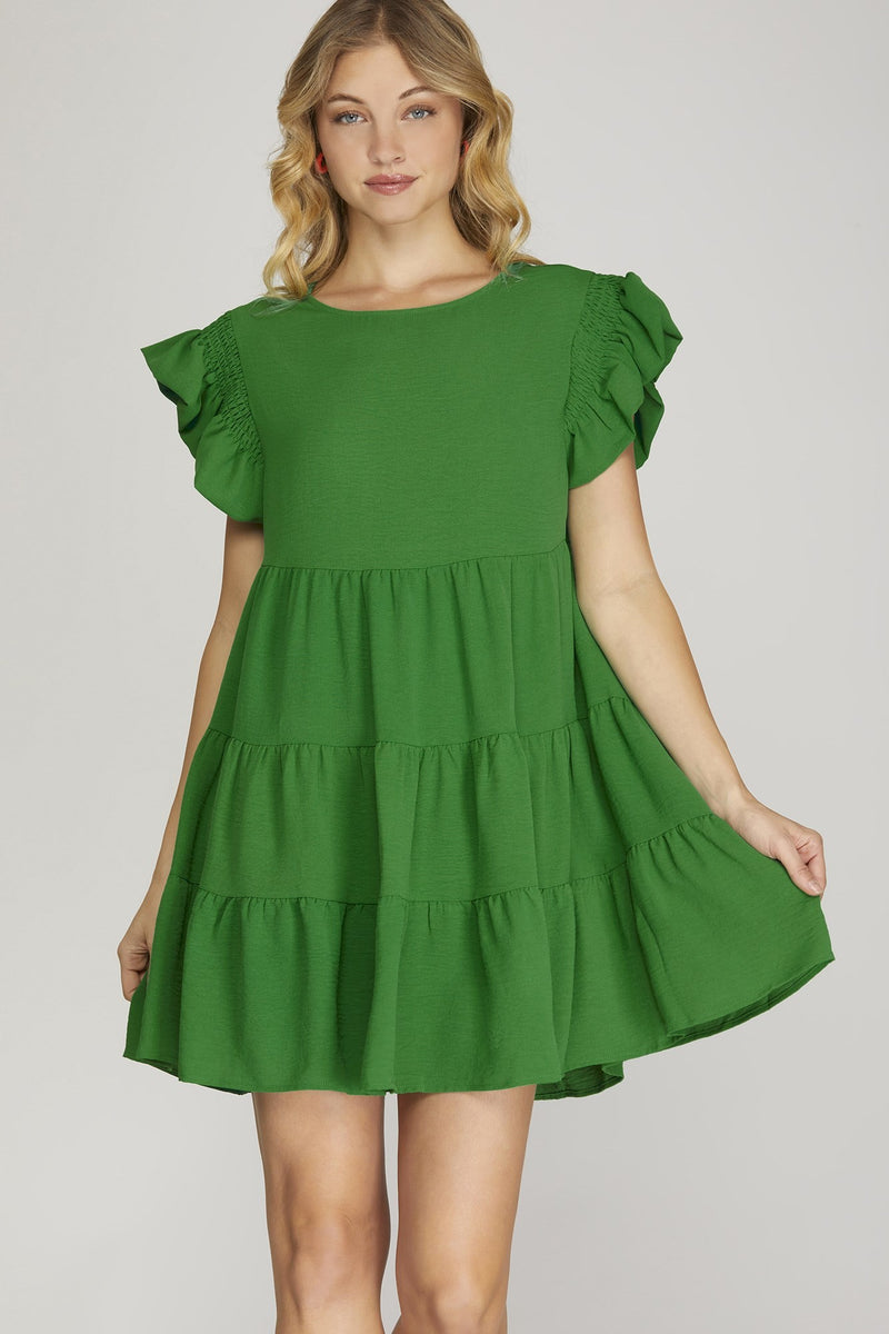 Ruffled Sleeve Tiered Woven Dress-Dresses-She + Sky-Small-Green-Inspired Wings Fashion