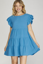 Ruffled Sleeve Tiered Woven Dress-Dresses-She + Sky-Small-Turquoise-Inspired Wings Fashion