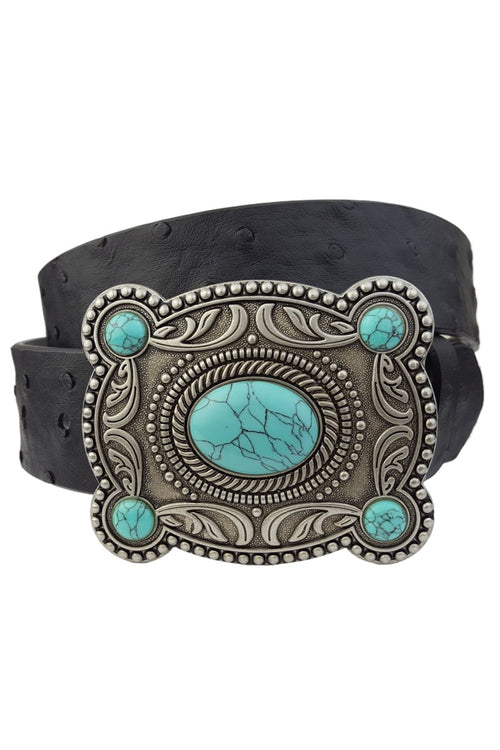 Ostrich Belt with Silver Turquoise Buckle-belt-Anzell Accesories-Small-Black-Inspired Wings Fashion