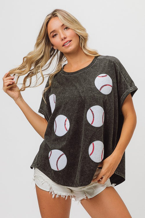 Sequin Baseballs Top-Shirts & Tops-Inspired Wings Fashion-Black Charcoal-Small-Inspired Wings Fashion