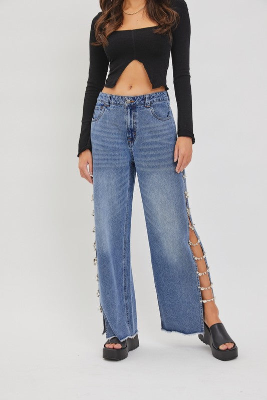 Split Leg Denim & Diamonds-Jeans-Cello-Medium Wash-1-Inspired Wings Fashion