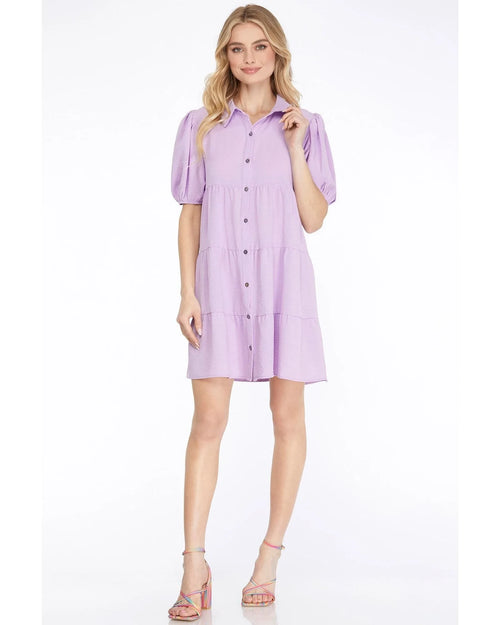 Short Puff Sleeve Shirt Dress-Dresses-She+Sky-Small-Lilac-Inspired Wings Fashion