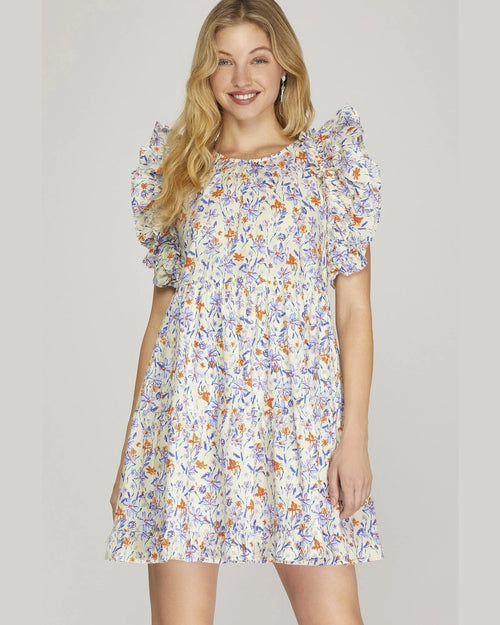 Ruffle Sleeve Floral Printed Dress-Dresses-She + Sky-Small-Cream/Blue-Inspired Wings Fashion