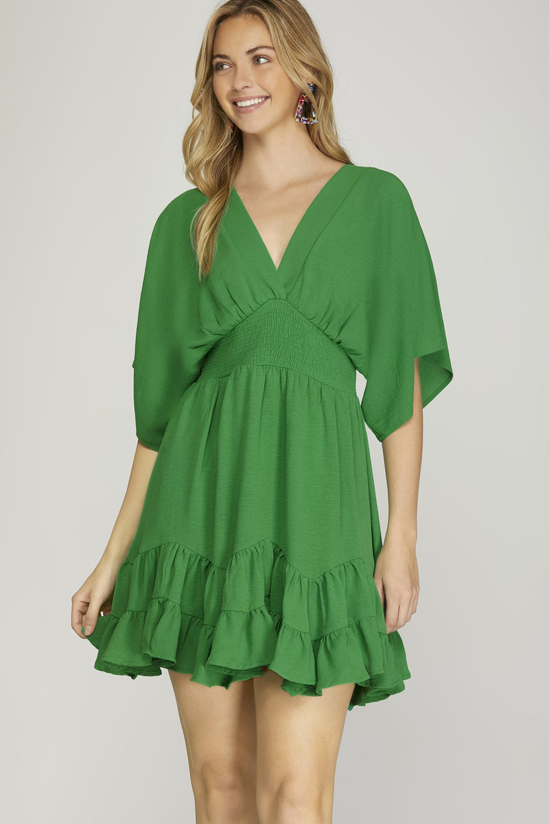 Smocked Waist Kimono Sleeve Dress-Dresses-She+Sky-Small-Green-Inspired Wings Fashion