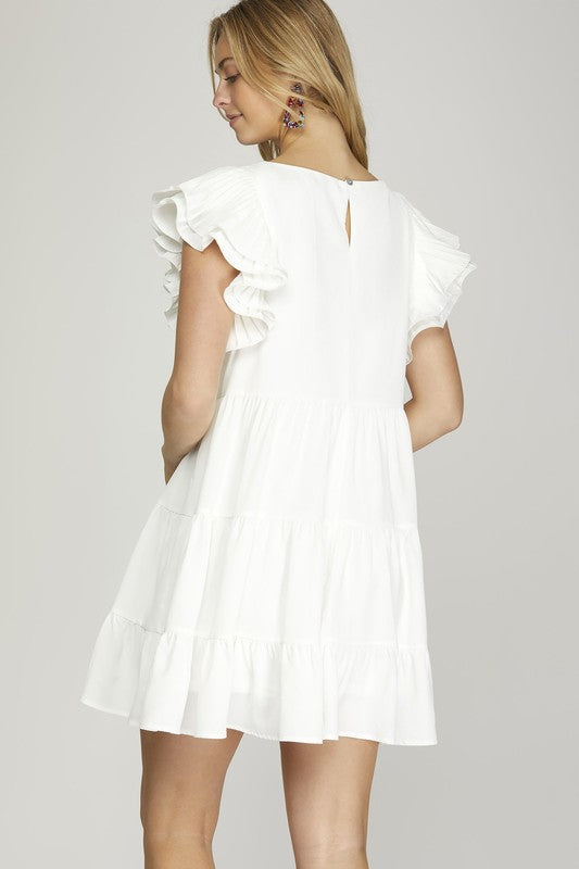 Pleated Ruffle Sleeve Tiered Dress-Dresses-She + Sky-Small-Off White-Inspired Wings Fashion