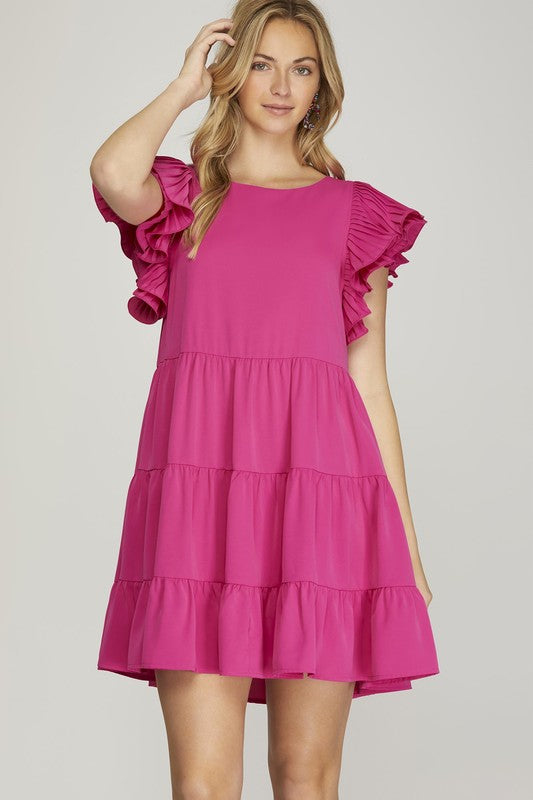 Pleated Ruffle Sleeve Tiered Dress-Dresses-She + Sky-Small-Pink-Inspired Wings Fashion