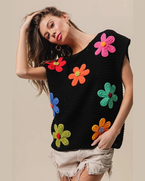 Crochet Flower Top-Shirts & Tops-BiBi-Black-Small-Inspired Wings Fashion