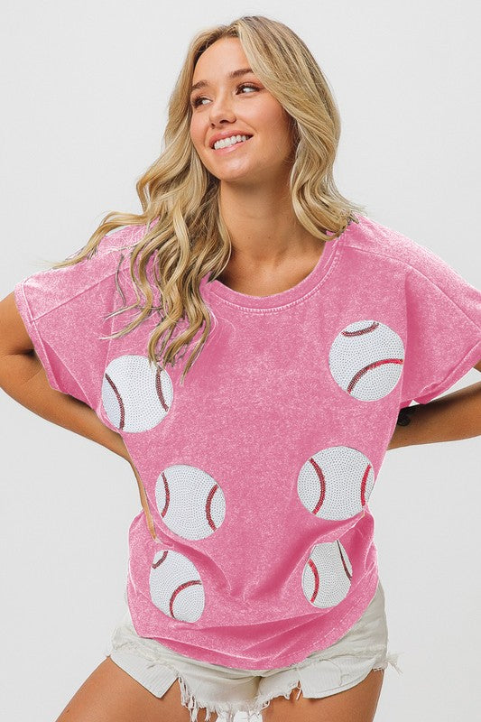 Sequin Baseballs Top-Shirts & Tops-Inspired Wings Fashion-Pink-Small-Inspired Wings Fashion