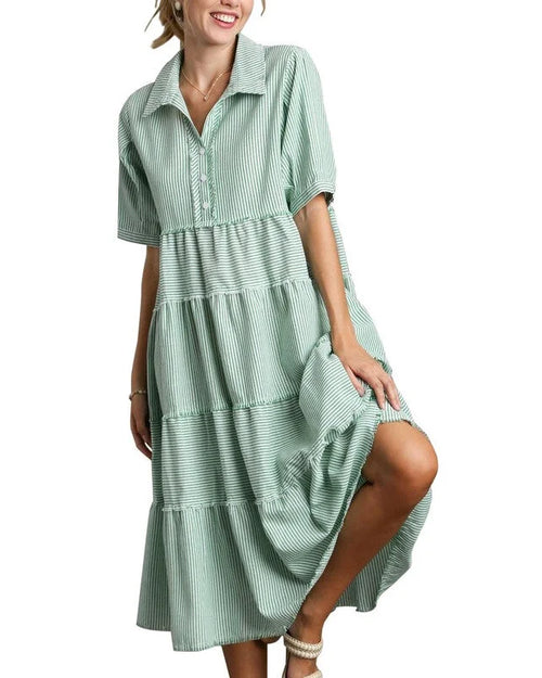 Striped Tiered Midi Dress-Dresses-Umgee-Small-Jade Mix-Inspired Wings Fashion