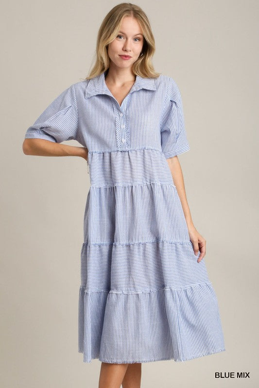 Striped Tiered Midi Dress-Dresses-Umgee-Small-Blue Mix-Inspired Wings Fashion