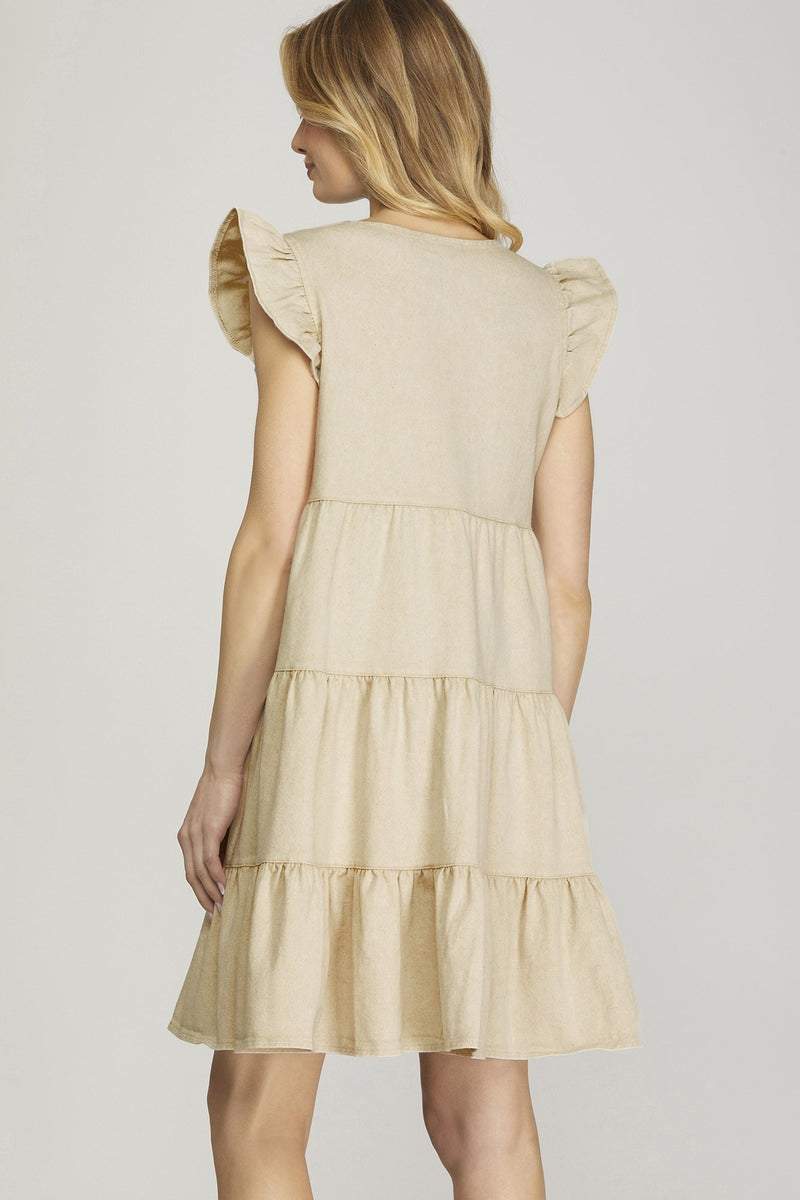 Ruffle Sleeve Tiered Button Down Wash Twill Dress-Dresses-She + Sky-Small-Ecru-Inspired Wings Fashion