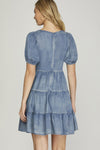 Puff Sleeve Square Neck Tiered Dress-Dresses-She+Sky-Small-Denim Blue-Inspired Wings Fashion