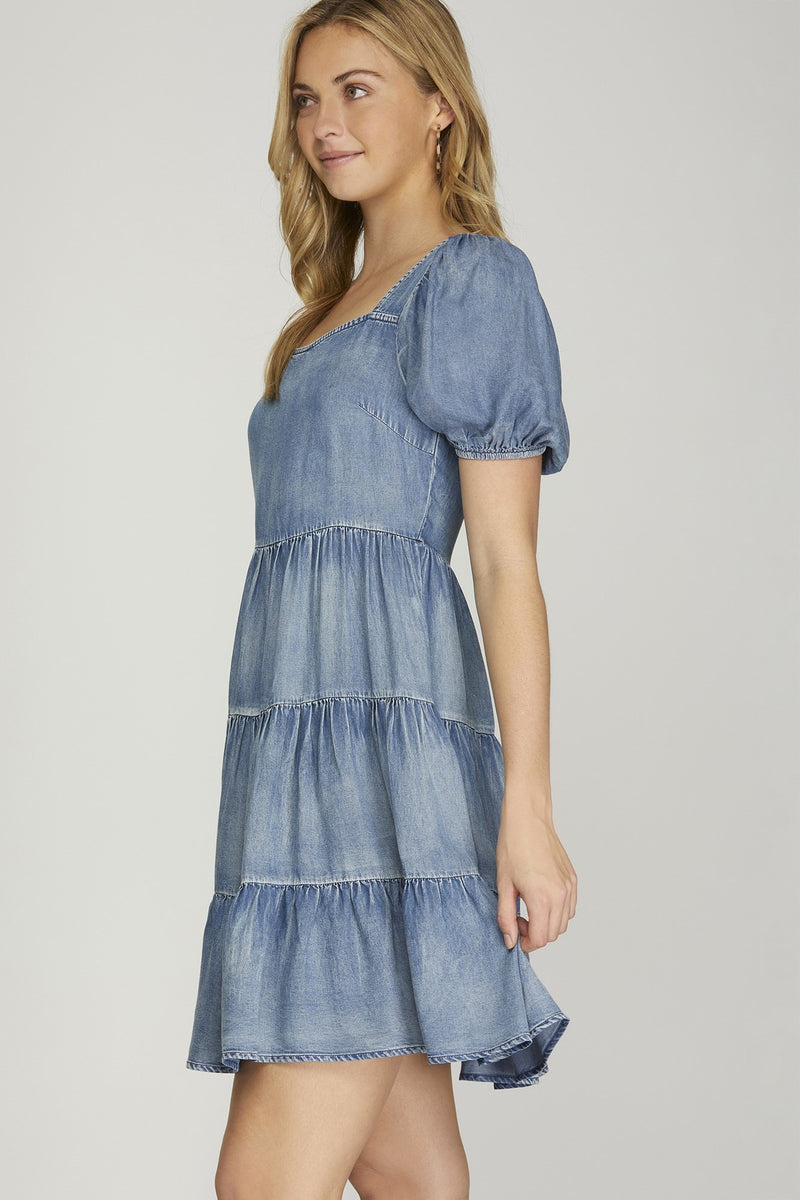 Puff Sleeve Square Neck Tiered Dress-Dresses-She+Sky-Small-Denim Blue-Inspired Wings Fashion