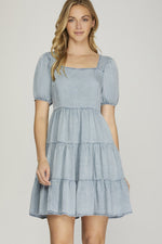 Puff Sleeve Square Neck Tiered Dress-Dresses-She+Sky-Small-Lt. Blue-Inspired Wings Fashion
