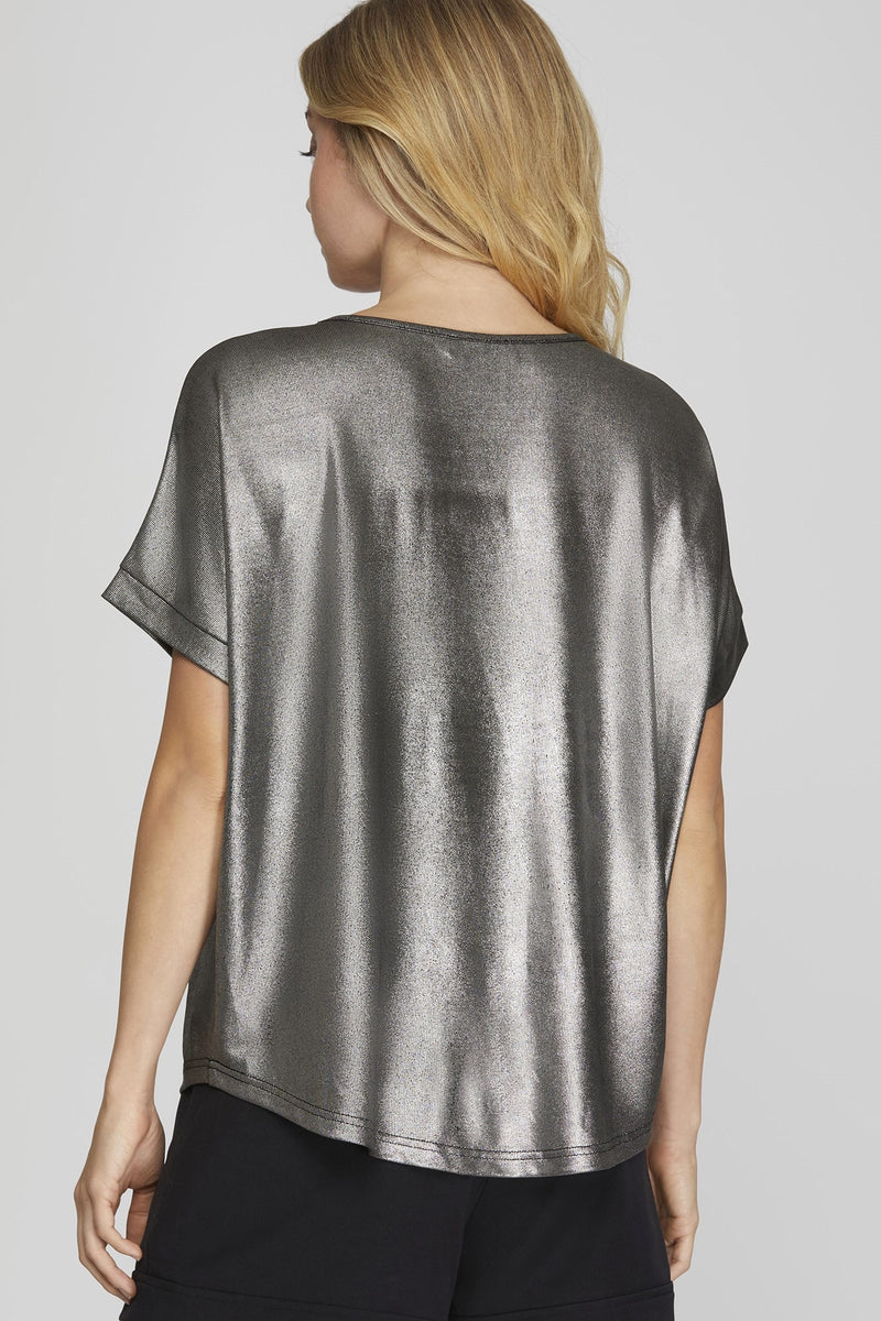 Drop Shoulder V-Neck Metallic Knit Top-Shirts & Tops-She+Sky-Small-Black-Inspired Wings Fashion