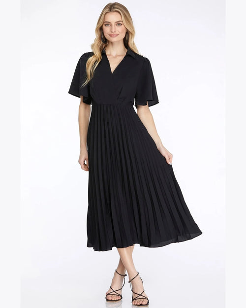 Short Sleeve Pleated Midi Dress-Dresses-She + Sky-Small-Black-Inspired Wings Fashion