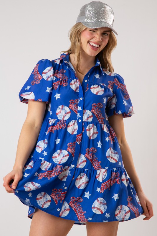 Baseball Print Dress-Dresses-Fantastic Fawn-Blue-Small-Inspired Wings Fashion