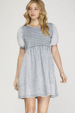 Short Sleeve Garment Wash Twill Dress-Dresses-She+Sky-Small-Lt Blue-Inspired Wings Fashion