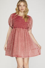 Short Sleeve Garment Wash Twill Dress-Dresses-She+Sky-Small-Red-Inspired Wings Fashion