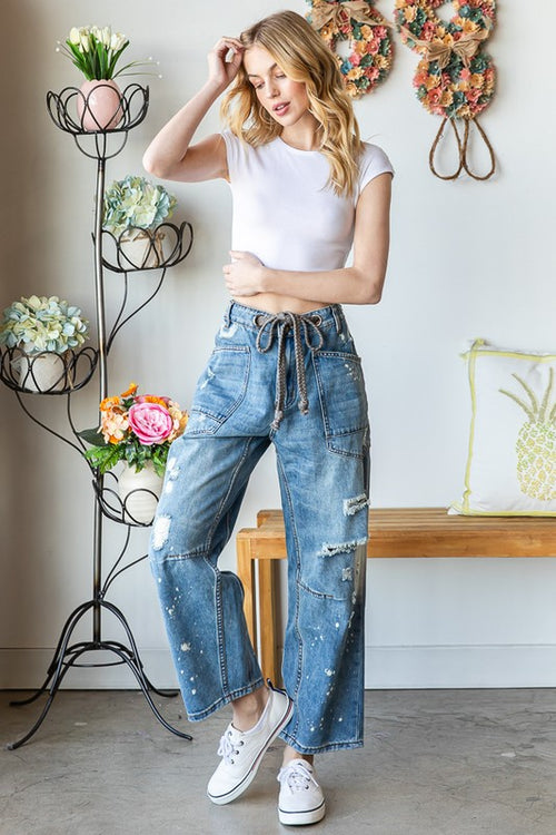 Washed Distressed Barrel Pants-Jeans-Oli & Hali-Denim-Small-Inspired Wings Fashion