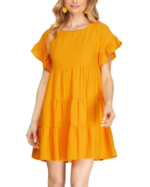 Ruffled Sleeve Textured Woven Dress-Dresses-She + Sky-Small-Gold-Inspired Wings Fashion