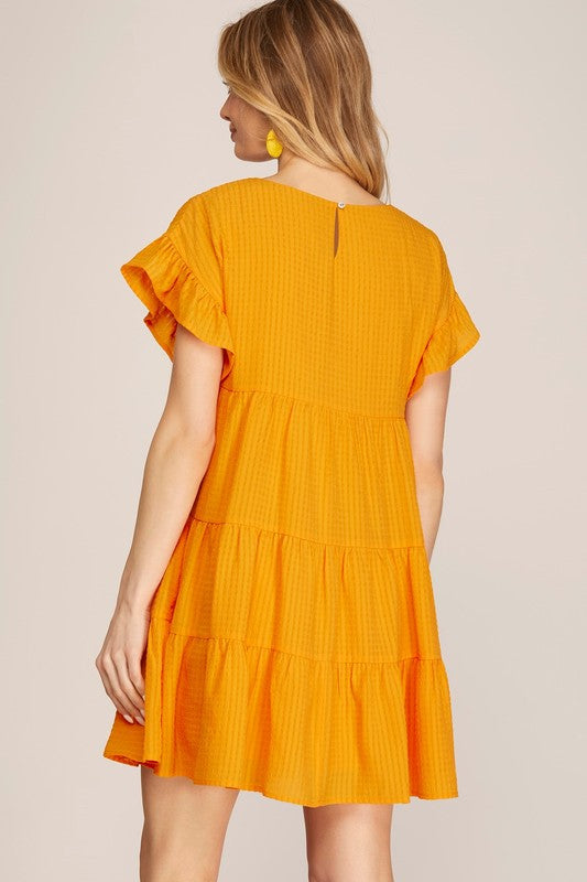 Ruffled Sleeve Textured Woven Dress-Dresses-She + Sky-Small-Gold-Inspired Wings Fashion