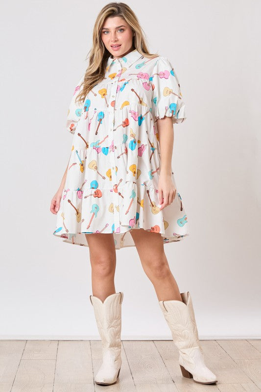 Guitar Print Poplin Dress-Dresses-Peach Love California-White Multi-Small-Inspired Wings Fashion