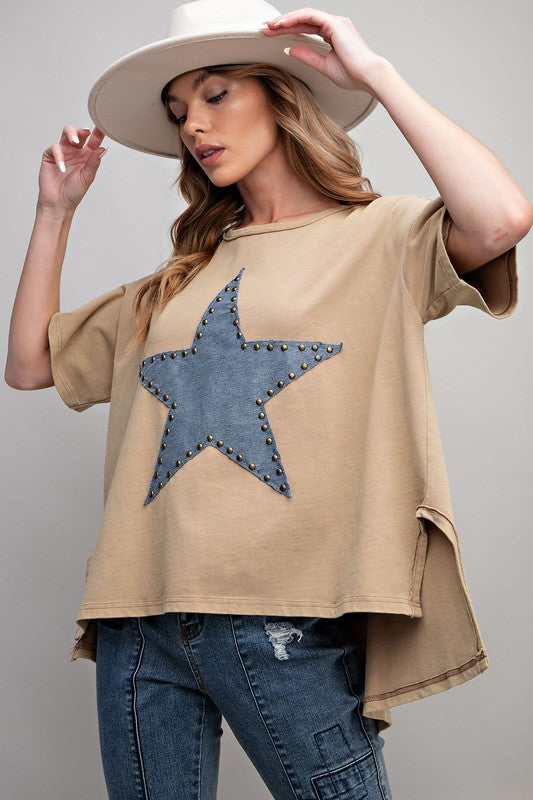 Studded Star Patch Top-Shirts & Tops-Easel-Dusty Khaki-Small-Inspired Wings Fashion