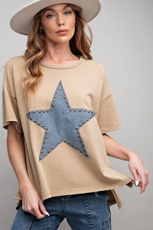 Studded Star Patch Top-Shirts & Tops-Easel-Dusty Khaki-Small-Inspired Wings Fashion