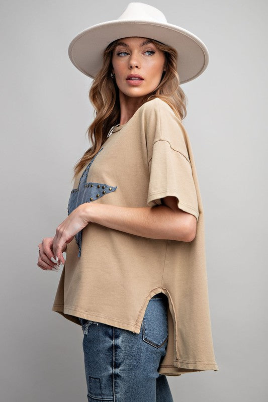 Studded Star Patch Top-Shirts & Tops-Easel-Dusty Khaki-Small-Inspired Wings Fashion