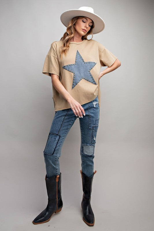 Studded Star Patch Top-Shirts & Tops-Easel-Dusty Khaki-Small-Inspired Wings Fashion