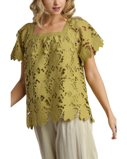 Floral Lace Top-Top-Umgee-Avocado-Small-Inspired Wings Fashion