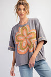 Flower Patch Slub Top-Shirts & Tops-Easel-Slate-Small-Inspired Wings Fashion