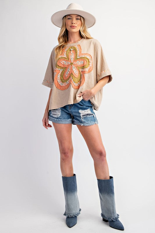 Flower Patch Slub Top-Shirts & Tops-Easel-Khaki-Small-Inspired Wings Fashion