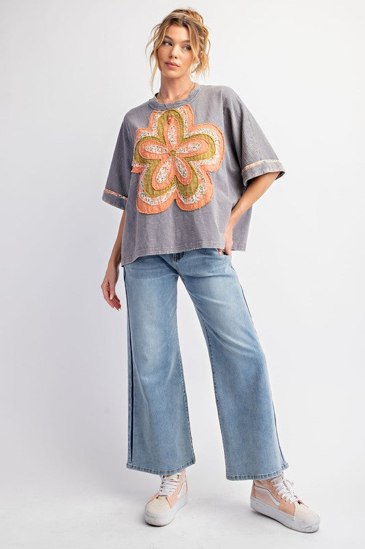 Flower Patch Slub Top-Shirts & Tops-Easel-Khaki-Small-Inspired Wings Fashion